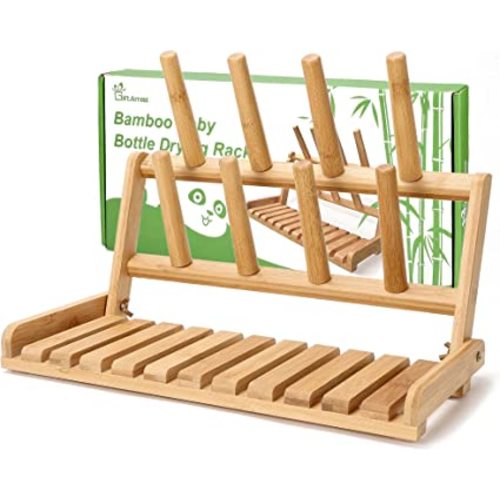 GiftAmaz Bamboo Baby Bottle Drying Rack, Space Saving Countertop Bottle Holder Portable Dryer Rack Organizer for Baby Bottles, Cups, Pacifiers and Accessories, Birthday Gift Box for Women Mother Mom