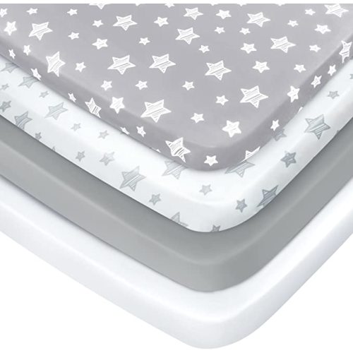 Pack and Play Sheets, 4 Pack Mini Crib Sheets, Stretchy Pack n Play Playard Fitted Sheet, Compatible with Graco Pack n Play, Soft and Breathable Material, Grey