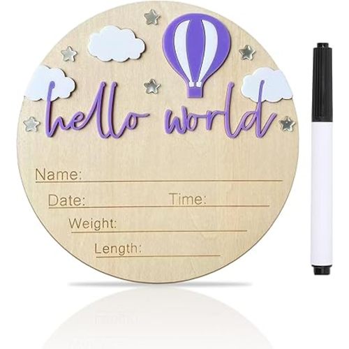 Baby Announcement Sign, 5.9 Inch Wooden Hello World Newborn Signs, Birth Announcement Sign and Pen, Hot Air Balloon and White Cloud Decoration, Welcome Newborn Arrival to World (Purple)