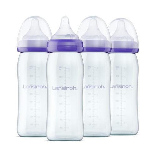 Lansinoh Glass Baby Bottles for Breastfeeding Babies, 8 Ounces, 4 Count, Includes 4 Medium Flow Nipples (Size 3M)