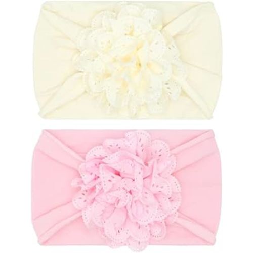 Baby Bling Bows Newborn to Little Girls Hair Bow - EYELET FLOWER HEADBANDS Toddlers Hair Accessories, Made in the USA, One Size (2 Pack Ivory & Pink)