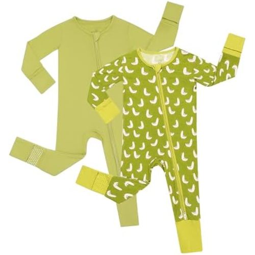 JunNeng 2Pcs Baby Rayon from Bamboo Sleeper with Mitten Cuffs, Footless Zipper Cozy Pjs, Non-Slip Soles Romper