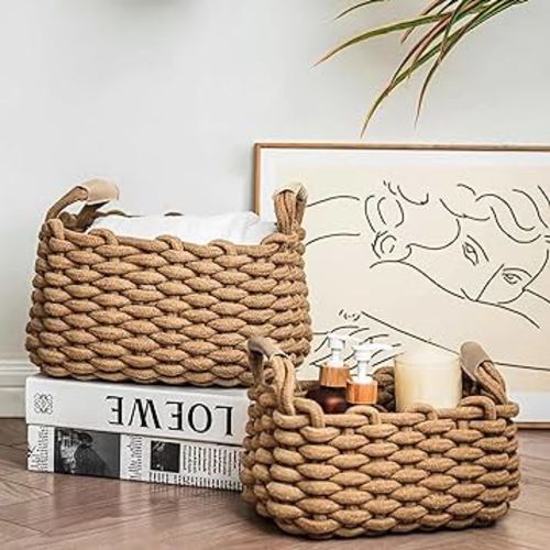2 Pack Rectangle nursery basket, Cotton Rope Foldable Baskets, Hand Woven Cube Storage bins for Jewelry, Remote, Fruits, Shelf storage basket, Cute baby storage woven basket(Camel)
