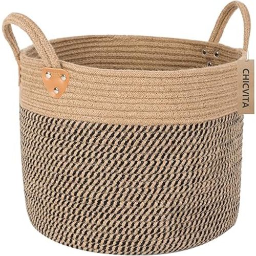 CHICVITA Wicker Laundry Basket With Handles, Storage Baskets for Decor, Rope Basket for Blankets, Toys, Clothes, Shoes, Plant Basket for Living Room, 14" X 14" X 12"