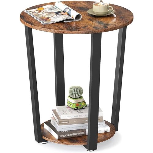 VASAGLE End Table, Round Side Table with Storage Shelf, Easy Assembly, Industrial Accent Furniture with Steel Frame, Rustic Brown and Black