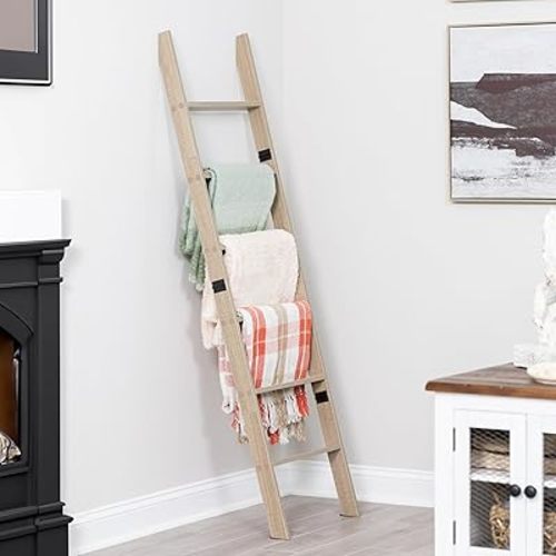 Blanket Ladder for Living Room and Bedroom, 5ft 8 inch, 6-Tier Wall Leaning Laminate Snag Free Construction (Smokey Oak) Rustic Decorative Farmhouse Blanket Storage, Quilt Rack, Ladder Shelf