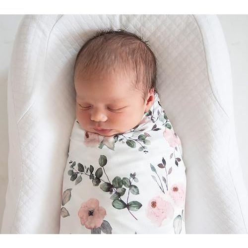Newborn Baby Girl Swaddle and Headband Sets Receiving Blanket Stretchy Knit Swaddle Set(Green Leaf and Pink Floral)