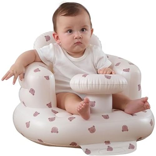 Upgrade Inflatable Baby Seat with Tray for Babies 3-36 Months, Built in Air Pump Bumbo Seat with Tray, Baby Chair Sit Me up Floor Seat for Baby, Learning to Sit&Feeding (Tray-Bear)