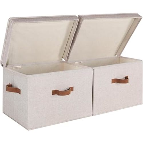 StorageWorks Fabric Storage Bins with lid, Decorative Boxes for Shelves, Closet Organizer Basket with Handles, Jumbo, Brown and Beige, 2-Pack