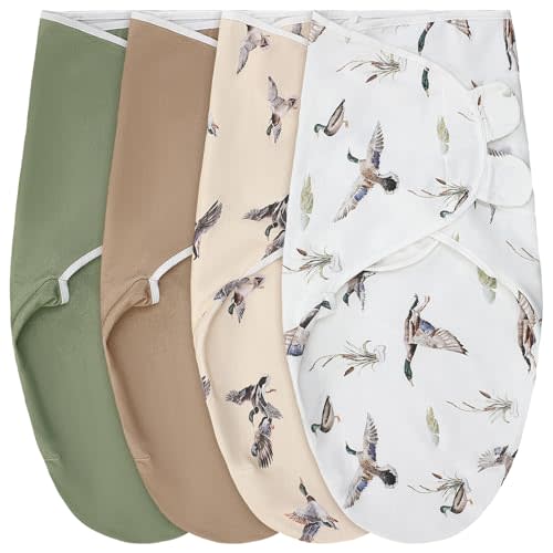 CroBlissful 4 Pack Mallard Duck Swaddles for Newborns Cotton Adjustable Sleep Swaddle for 0-3 Months Infant Baby Boys Girls Breathable Soft Newborn Wrap Wearable Blanket Improves Sleep(Mallard Duck)