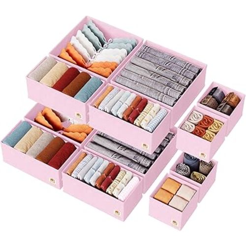 12 Pack Drawer Organizer for Baby Clothes, Nursery Drawer Organizer for Baby Diaper, Collapsible Deep Fabric Drawer Organizer with Zipper for Socks, Bra, Towels, Ties,Pink