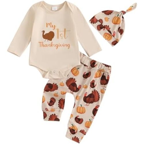 Karuedoo My First Thanksgiving Baby Boy Outfit Newborn Long Sleeve Romper Long Pants with Hat 3Pcs Thanksgiving Outfits