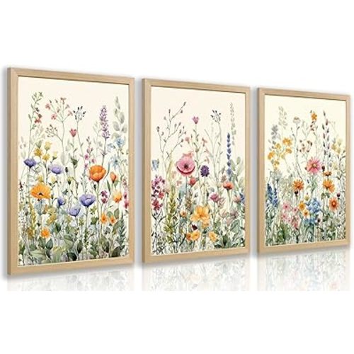 LLEEMPI Watercolor Floral Wall Art Set of 3, Colorful Wildflower Wall Decor, Modern Abstract Botanical Canvas Painting, Rustic Farmhouse Poster Print for Bedroom Bathroom Office Wood Framed 12x16 Inch
