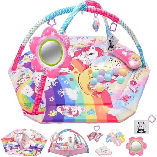 BATTOP Baby Tummy Time Play Mat,Baby Gym Play Mat with 6 Sensory Rattle Toys& Ball Pit,Baby Girl Play Mat Activity Gym for Motor Skills & Sensory Development,Newborn Shower Gift,Infant Baby Essentials