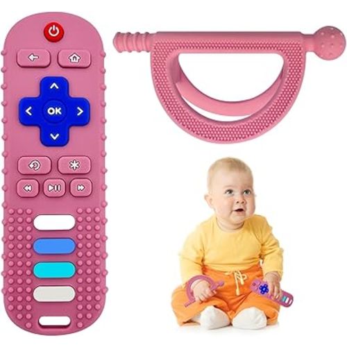 YAPROMO 2Pcs Baby Teething Toy, TV Remot Control ShapeTeether for Infant 18+ Months, Never Drop Silicone Chew Toy, Food Grade Silicone Teether