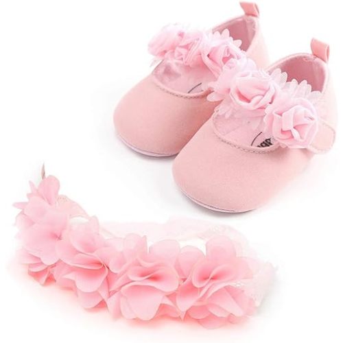 HsdsBebe 2pcs/Set Newborn Baby Girl Princess Mary Jane Shoes Toddler Infant Wedding Dress Flat Shoes with Free Headband