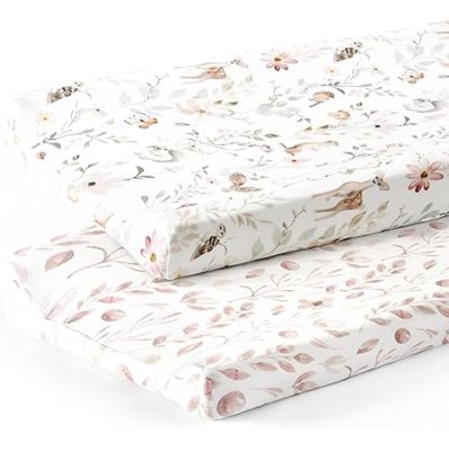 GRSSDER Stretch Ultra Soft Jersey Knit Changing Pad Cover Set 2 Pack, Change Table Pad Covers Fit 32"/34" x 16" Pads Safe and Snug, Beautiful Blush Pink Floral and Cute Animals Print for Girls