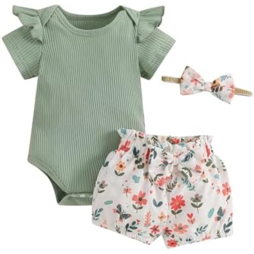 CIYCUIT Baby Girl Outfits – Summer Ruffle Ribbed Bodysuit Floral Print Shorts & Bow Headband – 3-Piece Infant Clothes Set