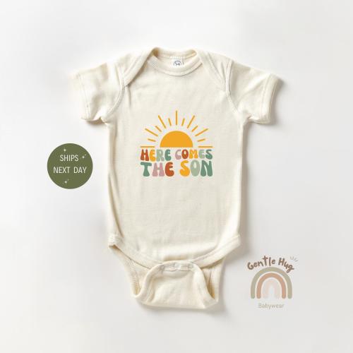 Here Comes The Son Onesie®, Retro Announcement Baby Bodysuit, Natural Baby Onesie®, Cute Summer Baby Onesie®, Newborn Retro Baby Gift