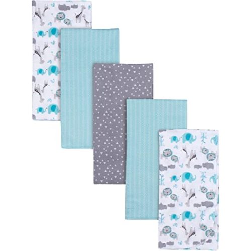 Gerber Boys Newborn Infant Baby Toddler Nursery 100% Cotton Flannel Receiving Swaddle Blanket, Safari White,5 Count (Pack of 1)