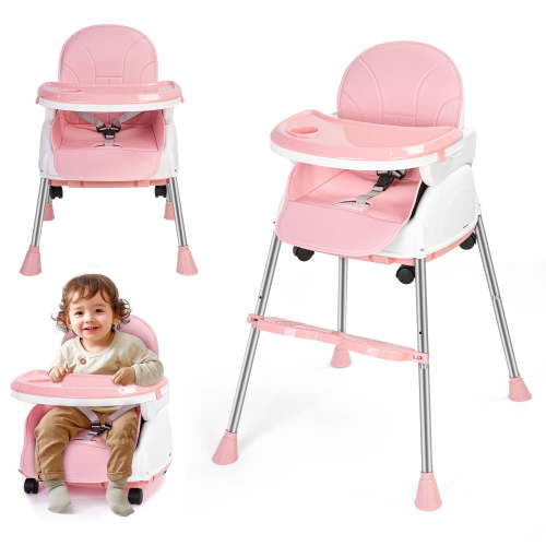Welbabel Baby High Chair,5-in-1 Convertible Highchair for Babies and Toddlers with 3-Point Seat Belt,Double-layer Dinner Plate,Baby Seat for Walk,Pink