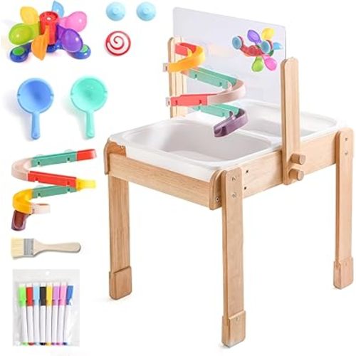 bopoobo Sand and Water Table for Toddlers, 4 in 1 Kids Wooden Sensory Activity Table with 2 Storage Bins, Painting Acrylic Board, Slide Track Toy & Windmill Suction Cups Toy, Beach Accessories