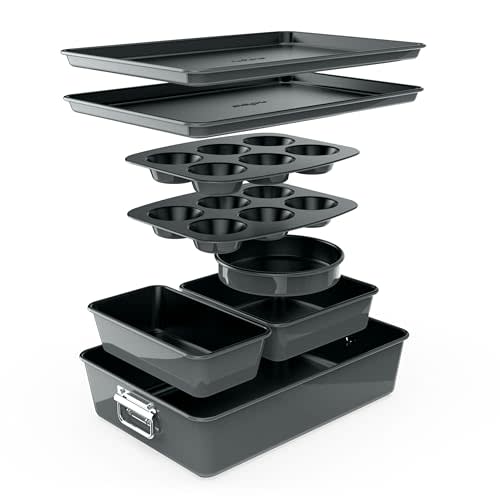 NutriChef 8-Piece Nonstick Stackable Bakeware Set - PFOA, PFOS, PTFE Free Baking Tray Set w/Non-Stick Coating, 450°F Oven Safe, Round Cake, Loaf, Muffin, Wide/Square Pans, Cookie Sheet (Gray)