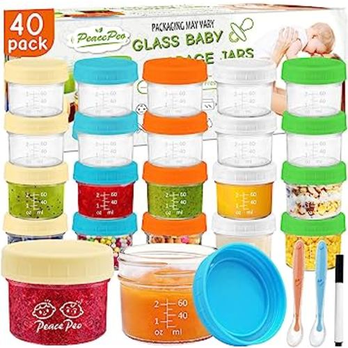 Glass Baby Food Storage Containers 4OZ, 40Pcs Glass Baby Food Jars Leak-Proof Baby Food Containers with Lids Reusable Baby Food Storage Jars Dishwasher Safe for Infant & Baby Food