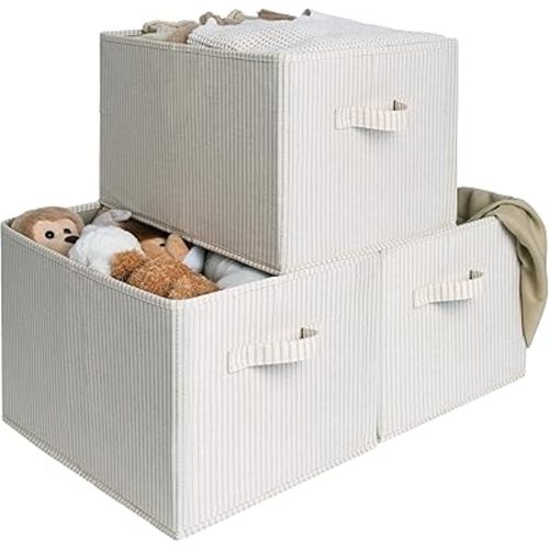StorageWorks Large Closet Organizers with Handles, Rectangular Storage Baskets for Shelves, Foldable Closet Storage Bins for Linen Closet, 3-Pack, Beige Stripes
