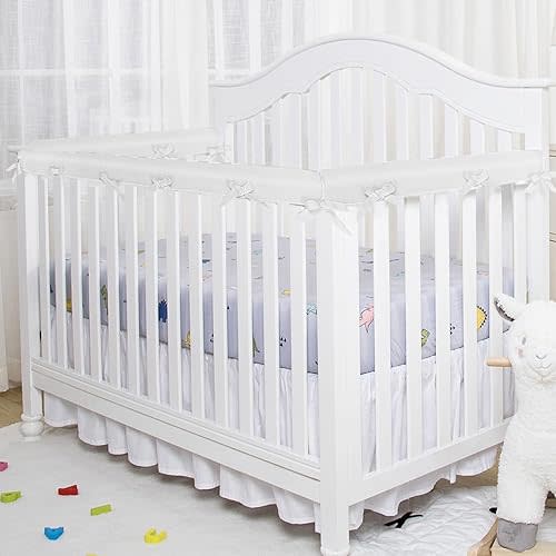 3Pcs Breathable Crib Rail Covers for Teething, 3-pcs Soft Anti-Collision Strip Corner Cover, Crib Teething Rail Cover (White)