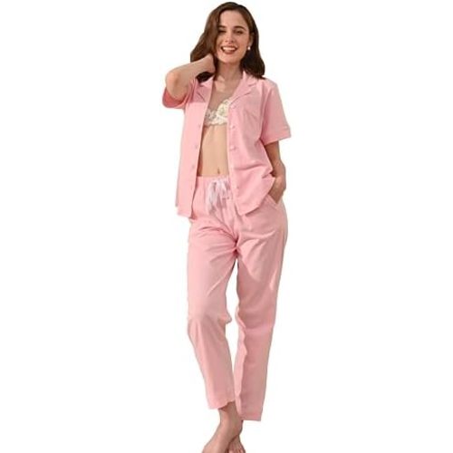 Cotton Pajamas for Women Set Button Down Cotton Pants with Pockets Pjs 2 Piece Notch Collar Lounge Sets XS-XXL