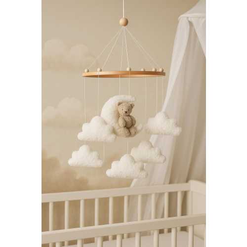 Teddy bear on moon Boucle cloud nursery baby mobile, Neutral nursery mobile, Stars baby crib mobile, Clouds mobile,Minimalist nursery mobile