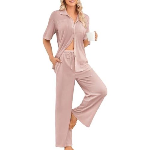 Kikibell Womens Pajama Sets 2 Piece Outfits Lounge Pjs Waffle Knit Sleepwear Button Down Shirts Wide Leg Pants with Pockets