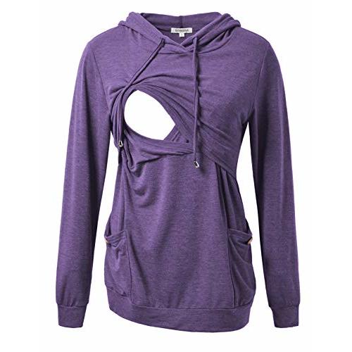 GINKANA Womens Nursing Hoodie Top Sweatshirt Long Sleeve Button Decoration Pockets Shirts Tunic Top