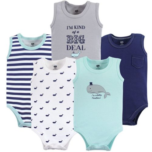 Hudson Baby Infant Boy Cotton Sleeveless Bodysuits 5pk, Whale, 3-6 Months