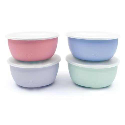 Elk and Friends Stainless Steel Bowls + Silicone Sleeve and Storage Lid | Baby, Toddler, Kids | Cereal & Snack Bowls | Storage Containers | Dishwasher Safe | 4 Pack