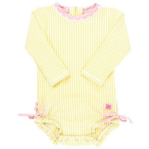 Rufflebutts Infant Seersucker Long Sleeve Rash Guard One Piece - Banana , Size: 0-3m