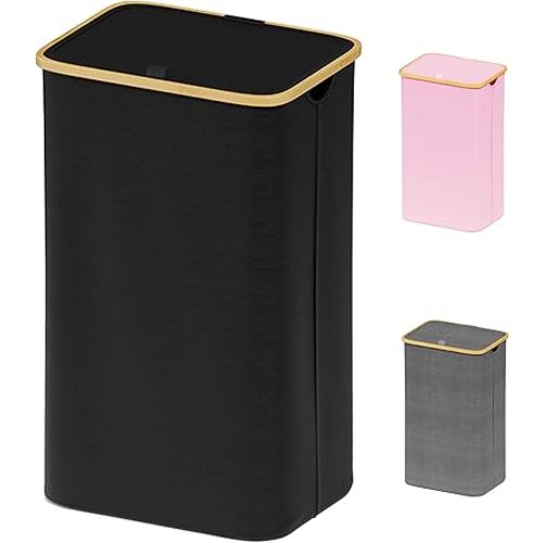 SUOCO Laundry Basket with Lid, 29 Gal (110L) Clothes Hamper with Bamboo Handles, Large Foldable Laundry Hamper for Bedroom, Bathroom, Dorm, Laundry Room - Black
