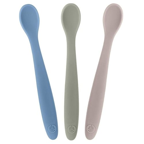 WeeSprout Silicone Baby Spoons - First Stage Infant Feeding Utensils With Soft-Tip, Bendable Kitchenware for Parent & Self-Feeding, Ultra-Durable, Dishwasher Safe, Travel Case, Set of 3 - Matte Dark Grey,Blue,Green