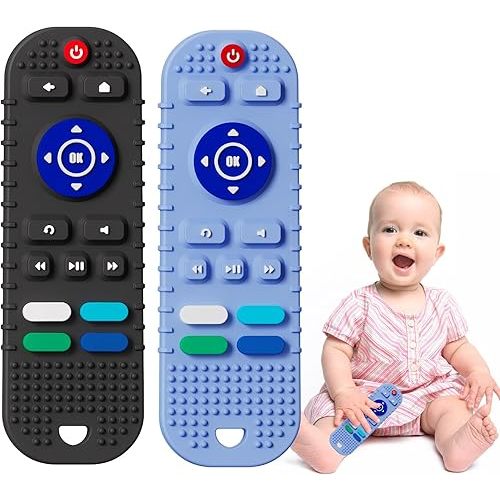 2 Pack Soft Silicone Teething Toys for Toddlers, Babies 6-12 Months - Boys Girls Baby Molar Teether Chew Toys Set, Remote Control Shape Teething Toys Gift(Blue+Black)
