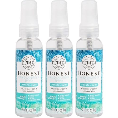 The Honest Company Plant-Based Hand Sanitizer Spray | Kills 99.9% of Germs | Hypoallergenic, Quick-drying + Moisturizing | Coastal Surf, 2 fl oz each (pack of 3)