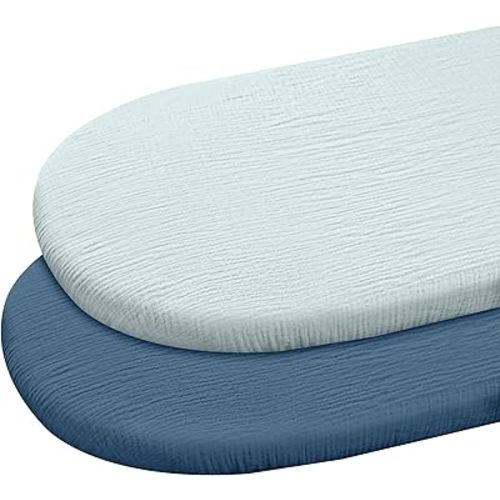 Muslin Bassinet Fitted Sheets, 2 Pack for Baby Boy and Girl, Soft Breathable Stretchy Baby Pad/Mattress Sheet Set, Universal Fit for Hourglass Oval and Rectangle Bassinet Mattress (Bright Colors)