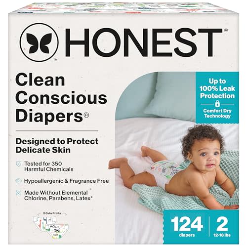 The Honest Company Clean Conscious Diapers for Sensitive Skin | Hypoallergenic, Fragrance Free | Gender Neutral Prints | Super Club Box, Size 2 (12-18 lbs), 124 Count