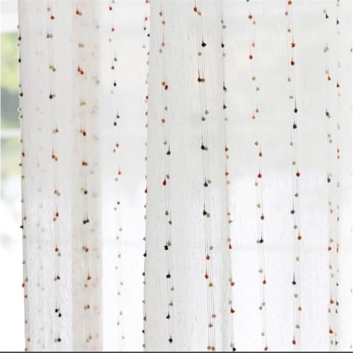 Faux Linen Colorful Pom Pom Sheer Curtains