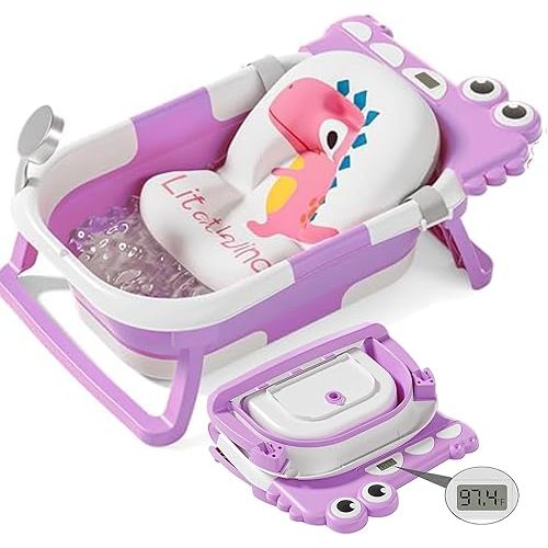 TPN Collapsible Baby Bathtub, Baby Bath Tub with Soft Cushion & Real-Time Thermometer, Baby Bathtub Infant to Toddler Tub (0-36 Months), Portable Travel Baby Tubs for Newborns (Lavender)