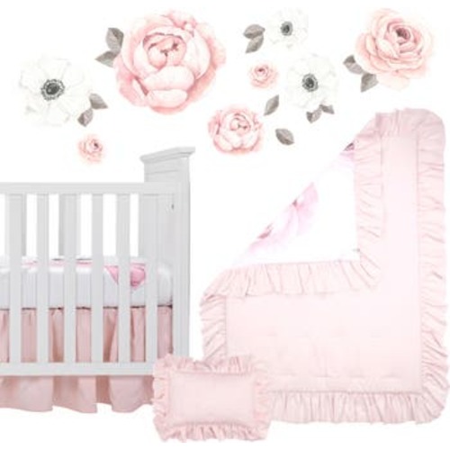 Floral Garden Watercolor Linen 5-Piece Baby Crib Bedding Set