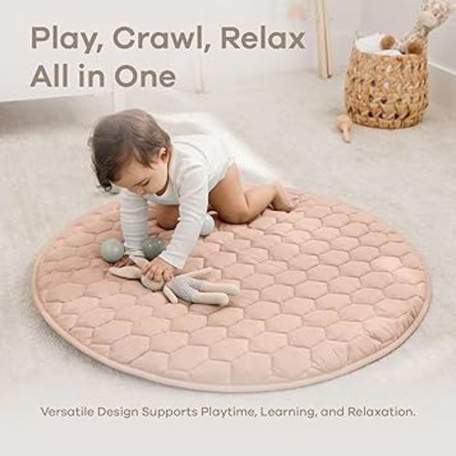Comfy Cubs Round Kids Play Mat - Small 36 inches Soft Quilted Baby Floor Mat with Non-Slip Bottom - Plush Design for Toddlers' Playtime - Comfortable and Durable - Blush