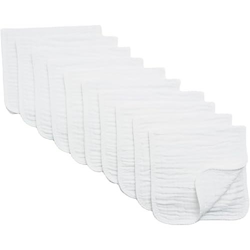Synrroe Burp Cloths Large, Muslin Burp Cloths for Baby Girls and Boys, Pack of 10 Extra Absorbent and Soft Muslin Bibs, 6 Layers 20 by 10 Inches 100% Cotton (White 10 Pack)