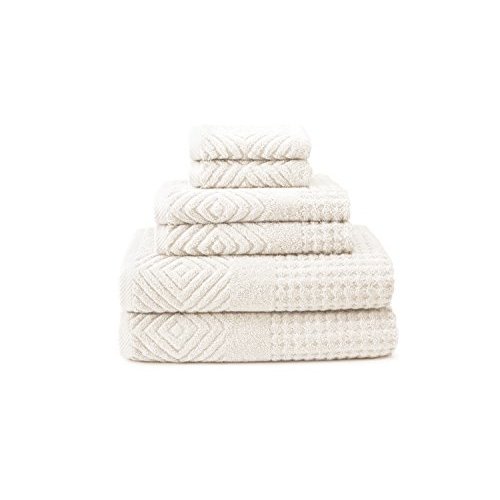 Texere 100% Organic Cotton Diamond Jacquard Luxury Bath Towel Sets - Soft and Absorbent Hotel and Spa Quality - 2 Large Bath Towels, 2 Hand Towels, 2 Washcloths (Diamond, Cream, 6 Piece)