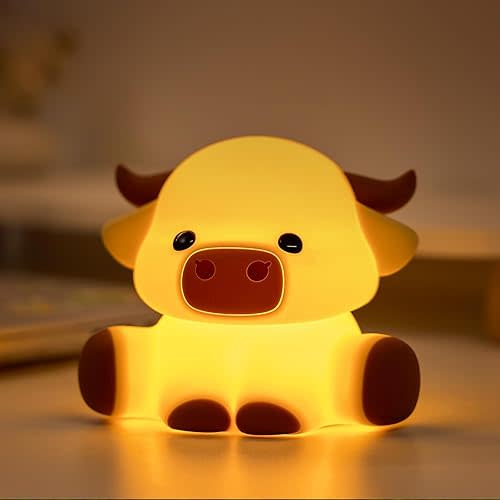 Cute Highland Cow Rechargeable Night Light, LED Touch Silicone Lamp for Bedroom with 7 Colors Timer and Dimmable Squishy Warm Light Night Lights, Animal Lamp for Bedroom Birthday Gift